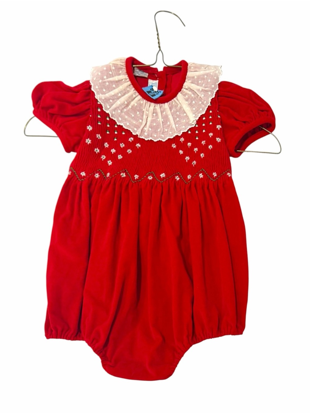 Classic Red Smocked Baby One-Piece with Lace Collar